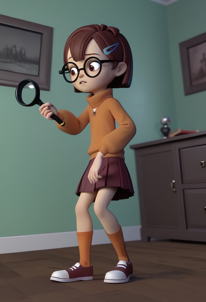 score_9, score_8_up, score_7_up BREAK ReneSpell, 1girl, brown bobcut, brown eyes, glasses, left blue barrette hairclip, orange turtleneck sweater, red pleated skirt, orange socks, red mary-jane shoes, cgi, source_cgi, girl, girl focus, full body, haunted house background, investigating, researching, holding magnifier,