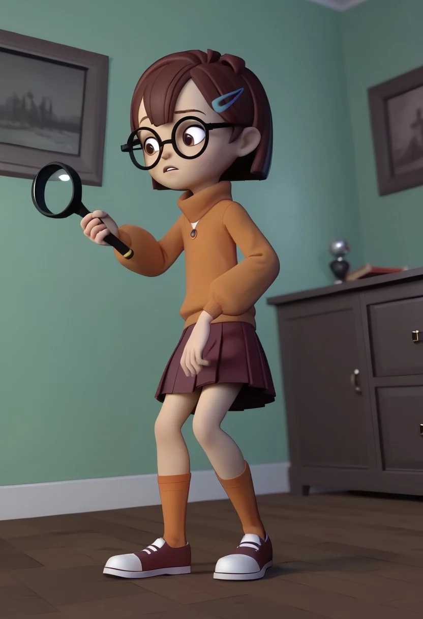 score_9, score_8_up, score_7_up BREAK ReneSpell, 1girl, brown bobcut, brown eyes, glasses, left blue barrette hairclip, orange turtleneck sweater, red pleated skirt, orange socks, red mary-jane shoes, cgi, source_cgi, girl, girl focus, full body, haunted house background, investigating, researching, holding magnifier,