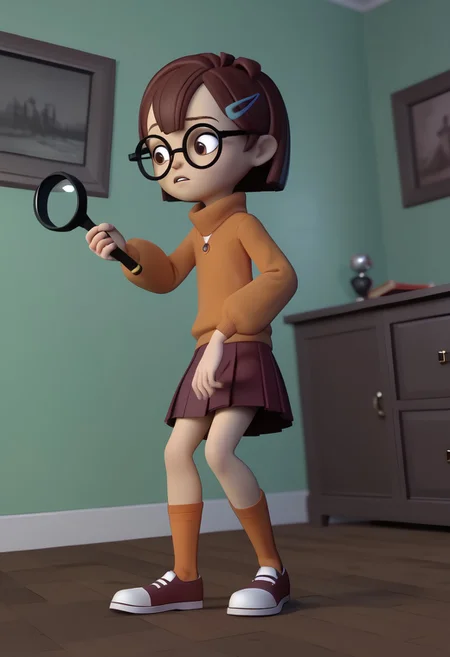 score_9, score_8_up, score_7_up BREAK ReneSpell, 1girl, brown bobcut, brown eyes, glasses, left blue barrette hairclip, orange turtleneck sweater, red pleated skirt, orange socks, red mary-jane shoes, cgi, source_cgi, girl, girl focus, full body, haunted house background, investigating, researching, holding magnifier,