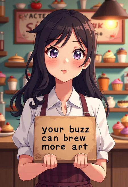 Setting: a charming vintage vibes café with colorful pastries displayed.
Character: A stylish barista with a vintage apron, holding a sign that says, “Your buzz can brew more art"
Soft Anime Close-up
**Appearance Elements:** round circle contact lenses, dark crystal pupils, symmetrical elysium, stereogram, closed mouth, lips, chin, nose, mature woman, flower power
**Hairstyles:** half-up half-down
**Styling Elements:** whimsical, galaxy, soft-shaded, pastel, realistic
**Colors:** red, purple, pink, green, teal