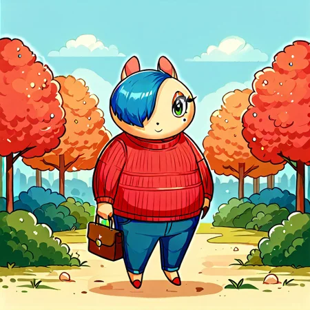score_9, score_8_up, score_7_up, Shebbs, Maydine, Blue Hair, Hair Covering one eye, Red Sweater, Pants, Makeup, beauty mark, outside