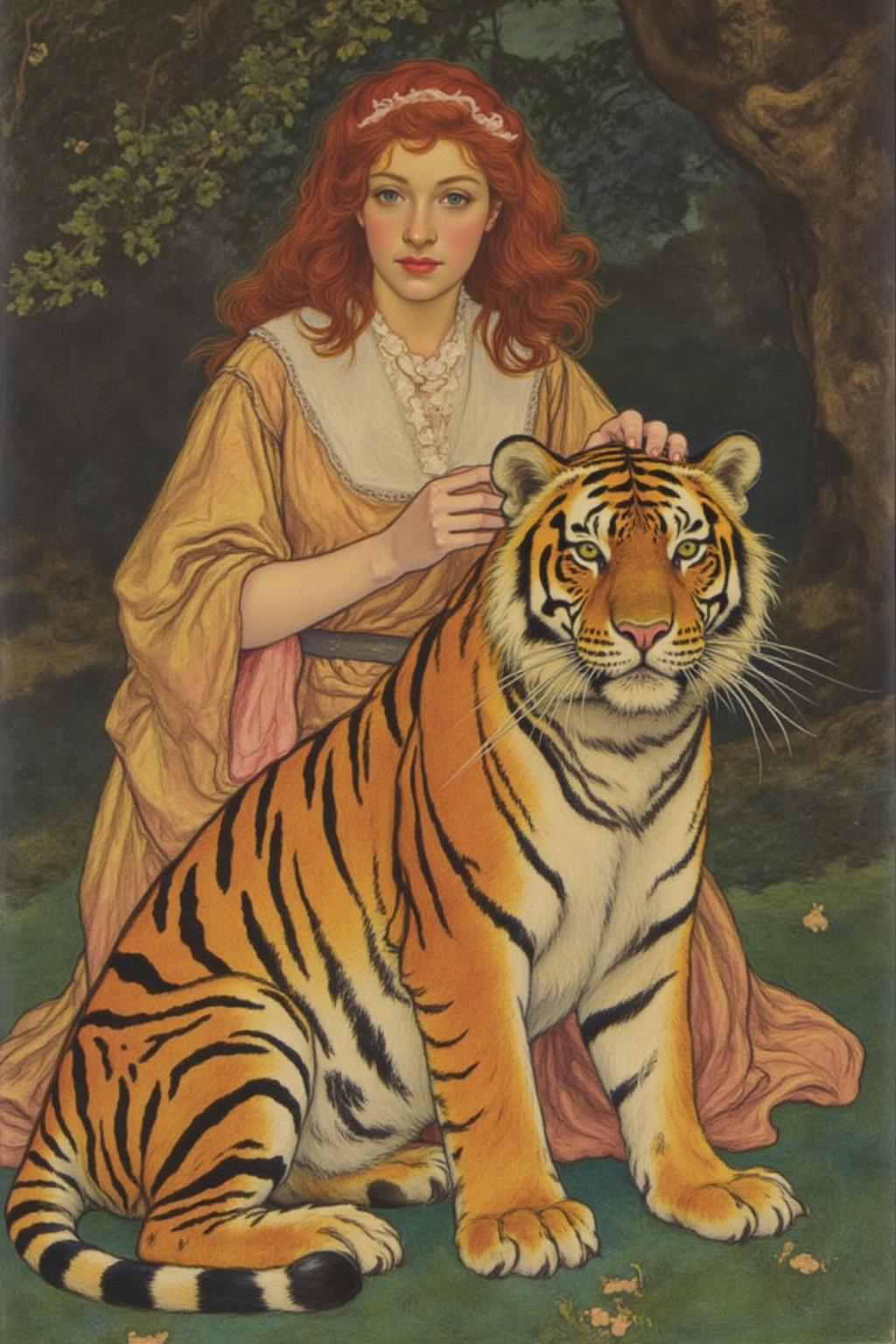 shippengreen1 illustration.
Portrait of an woman standing beside a tiger.
 <lora:shippengreen1_cap_d6a3:1.0><lora:837366061469804902:0>