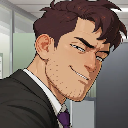 masterpiece, best quality, absurdres, newest, perfect quality, best quality, absolutely eye-catching, detailed background, intricate details, bara, 1boy, male, male focus, solo, brown hair, short hair, messy hair, thick eyebrows, black eyes, stubble, white shirt, purple tie, black suit, bara, muscular, large pectorals, large biceps looking at viewer, face close-up, portrait, looking at viewer, side view, smirk, office scenery, very awa, best quality, absurdres, newest, perfect quality, detailed background, intricate details, (artist:rokudenashi:0.8), (artist:dizdoodz:0.7), (artist:gomtang:0.6)