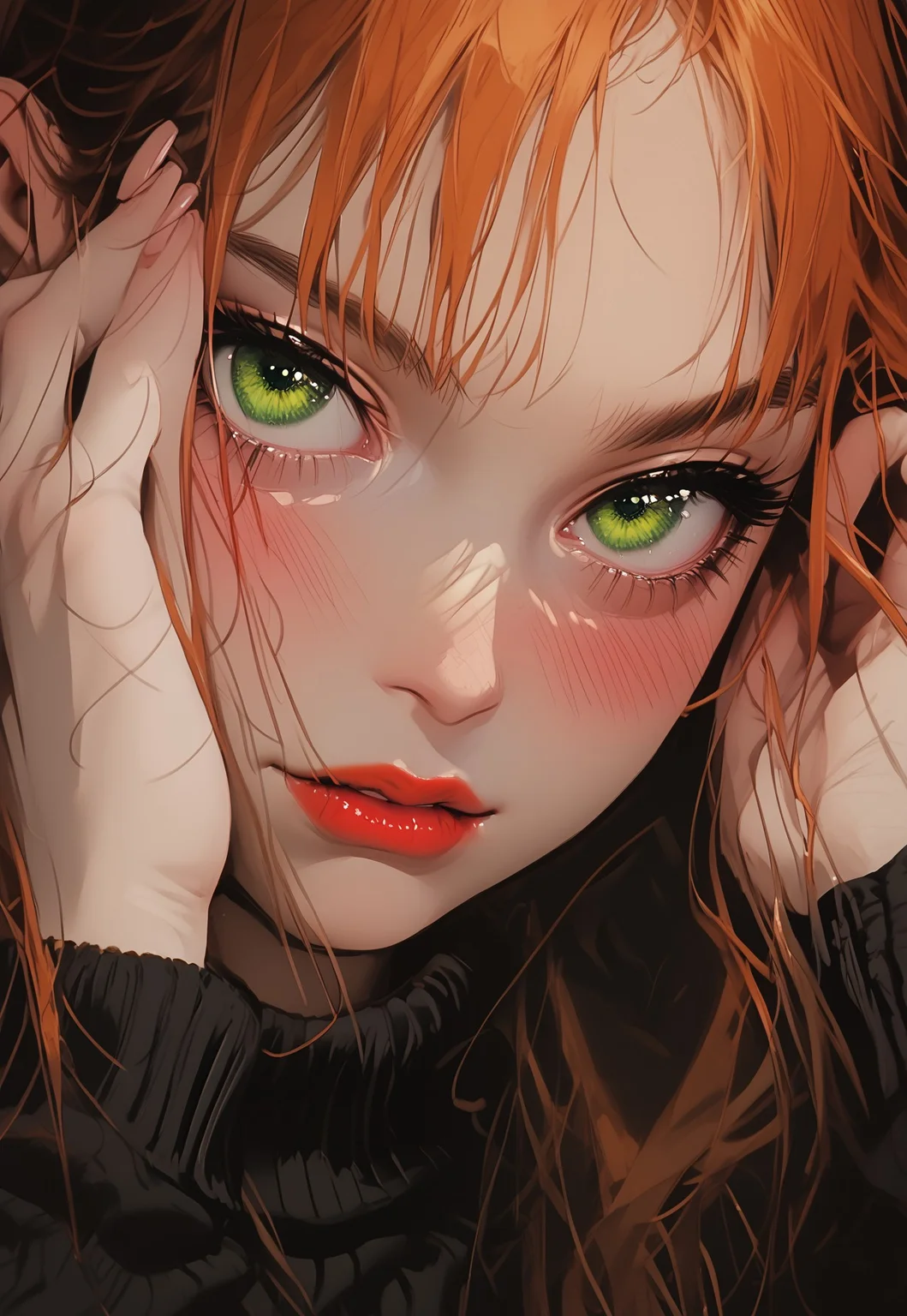 score_9, score_8_up, score_7_up, score_6_up, score_5_up, 1girl, long hair, orange hair, green eyes, (perfect round face), (blush), looking at viewer, Detailed, intimate, clear, personal, highly contrasted, (hand on hair), sweater, athletic, dark red lipstick, face focus, close up, perfect hands,