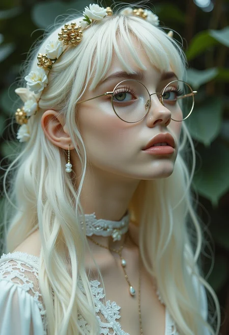 The image is a high-resolution photograph featuring a young woman with a striking, ethereal aesthetic. She is a light-skinned woman with long, platinum blonde hair cascading down her back, styled with a delicate, ornate headpiece that includes small, delicate flowers and leaves. Her hair is styled with a fringe that frames her face. She wears large, round, wire-framed glasses that give her a scholarly, intellectual appearance.