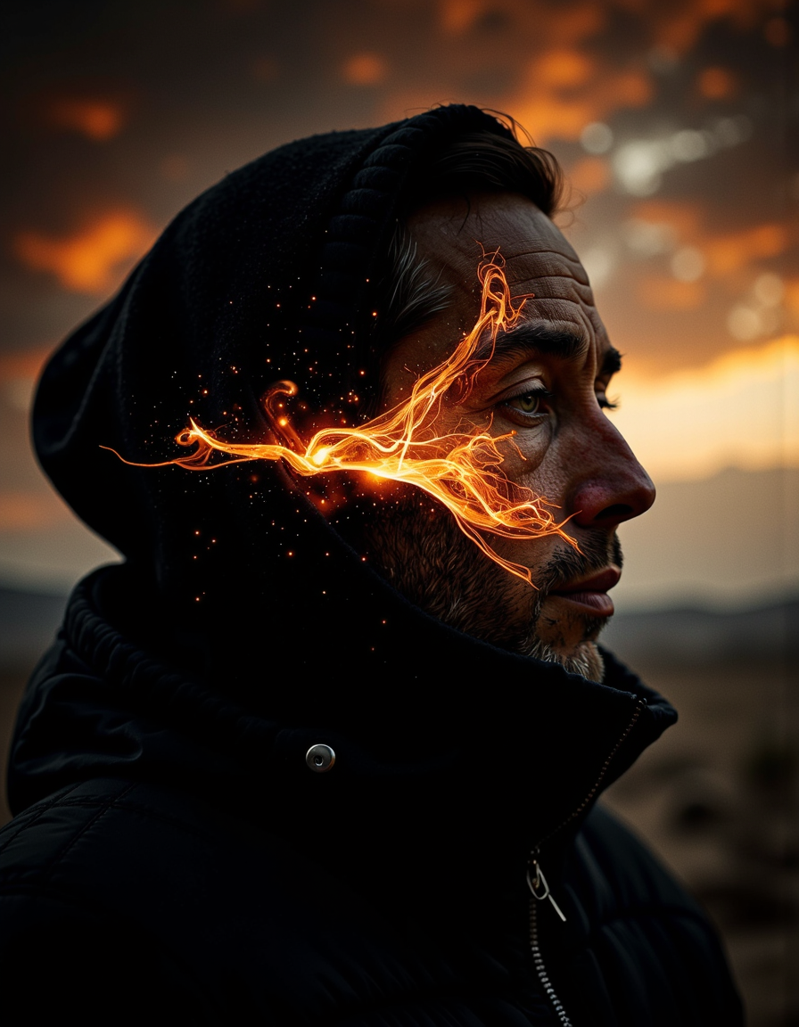 A highly detailed cinematic photography.
Light Trails Photography by Aaron Siskind and Farah Mahbub of a person with head replaced by an corrupted digital glitch effect, Completely The world of the Lord of the Rings, pure black, detailed, aesthetic of land art with evolving atmosphere, procedural sky, crisp details, iconoclastic supreme masterpiece with high-quality details, amber and crimson colors, silhouette dazzling light, enigmatic andmenacing and overwhelming atmosphere, raw details, complete sharpness, blurred background.