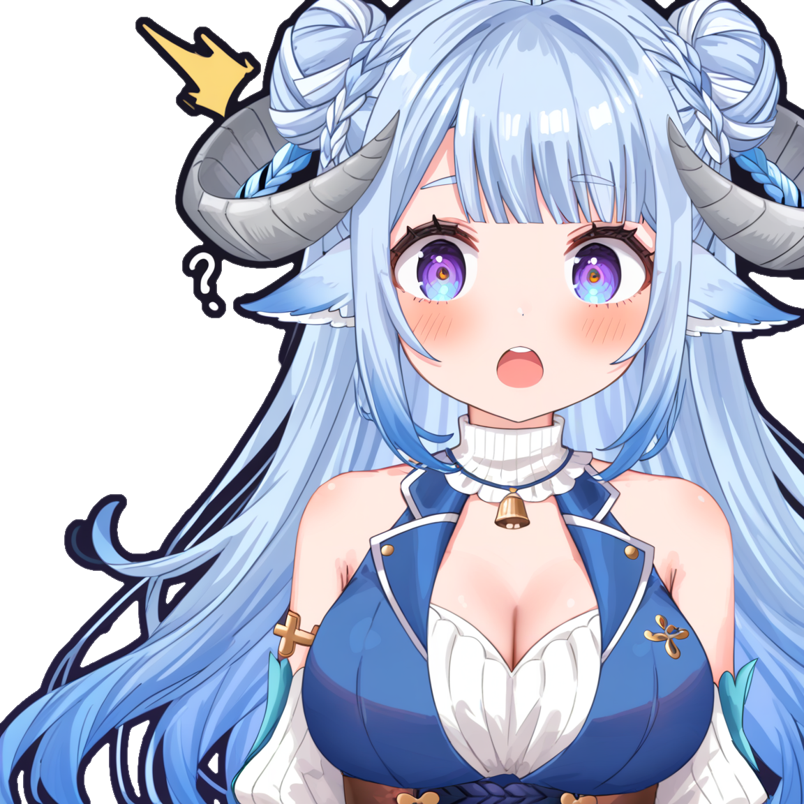 rating_questionable, 1girl, MinaiAruma, (open mouth:0.6), (shock:1.3), wide-eyed, (trembling:0.8), blue long hair, grey horn, (double bun:0.7), waistcoat, (cleavage:0.8), (chibi:0.4), sleeveless, looking at viewer BREAK
dark background, simple background, 
<lora:MinaiArumaXL_autismmixPony:1>, bust, masterpiece, newest, absurdres, rating_safe, sfw