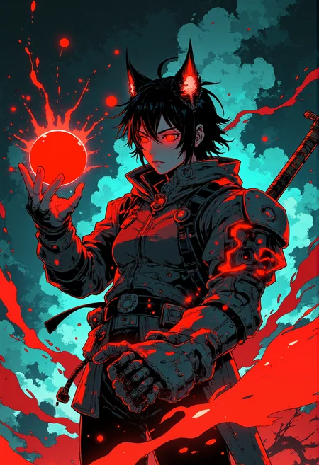 a dynamic and intense anime-style illustration featuring A mysterious Dungeon warrior with red face, holding a magic orb in one hand and a shield made from a wolf's head in the other. The magic orbs burst out abstract splashes of swirling magic energy. He is dressed in bright armor with scales and vibrant accents, ready for battle with an intensive stance. In the style of hauntingly atmospheric dark fantasy, abstract splashes of vibrant colors<lora:Let_It_Blaze_in_Crimson_anime_v1.0:0.8>