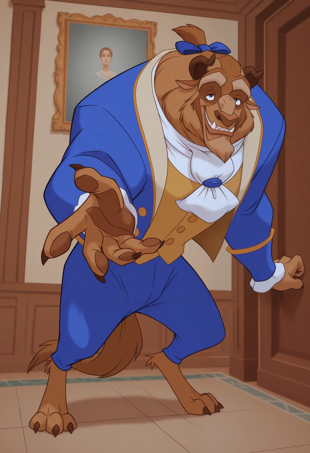 masterpiece,best quality, amazing quality, 1boy, solo, b34st, furry, beast's tailor suit, beast's fancy pants, blue hair bow, white ascot, yellow vest, tail, full body, come here, looking at viewer, reaching_towards_viewer, smile, inviting,