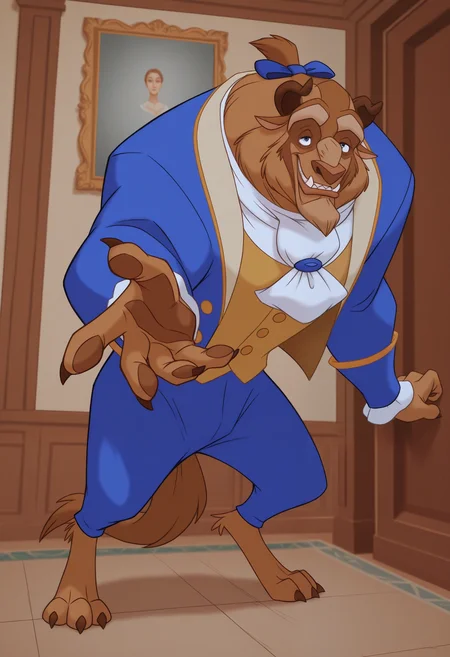 masterpiece,best quality, amazing quality, 1boy, solo, b34st, furry, beast's tailor suit, beast's fancy pants, blue hair bow, white ascot, yellow vest, tail, full body, come here, looking at viewer, reaching_towards_viewer, smile, inviting,