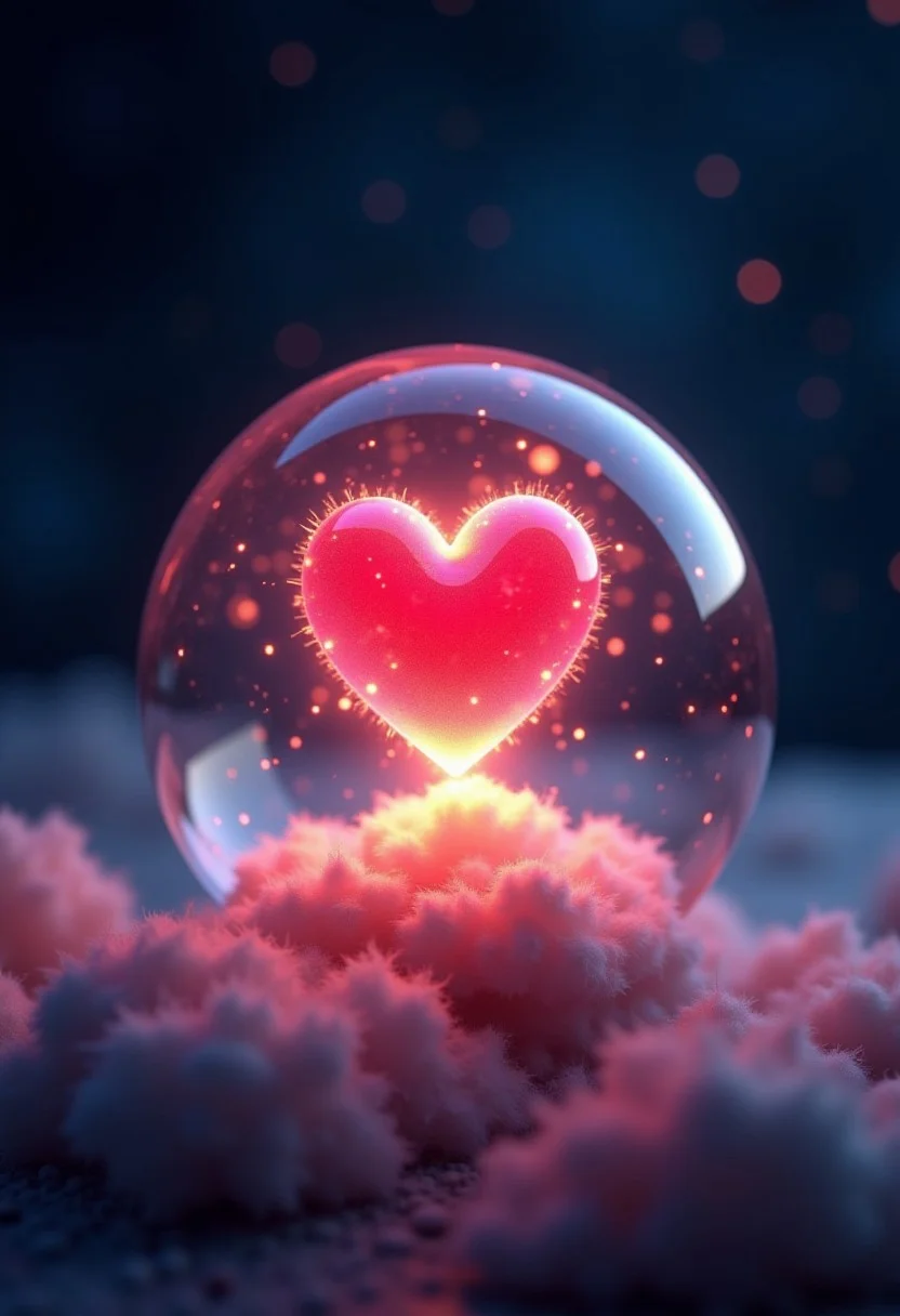 Create a high-quality, hyper-realistic, and extremely detailed image of a glowing love heart contained within a glass orb. The orb is resting on a fluffy cloud, and the image is slightly zoomed out to showcase the entire sphere. The heart is intricately detailed, with a smooth, pulsating glow that casts a warm, romantic light. The glass orb is perfectly clear, with subtle reflections and refractions that enhance the realism of the scene. The cloud is soft and ethereal, with a texture that appears light and fluffy. The background is a serene, starry night sky, adding to the magical atmosphere. The lighting is soft and natural, with the heart's glow casting gentle, warm reflections within the orb, creating a dreamy and enchanting ambiance.