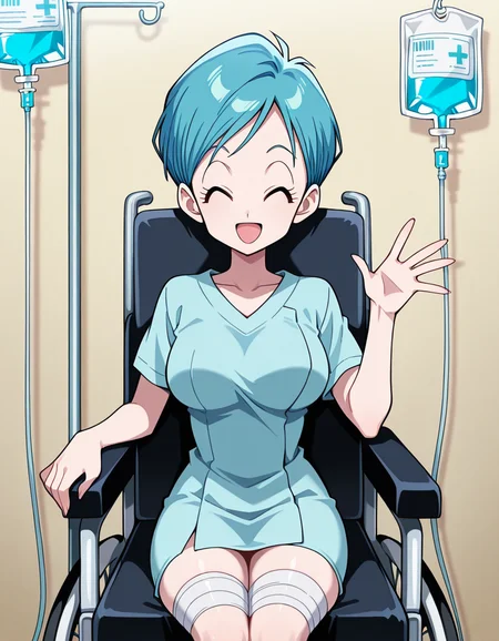 masterpiece, best quality, amazing quality,, <lora:dragonball-bulma-illustriousxl-lora-nochekaiser:1>, bulma, blue hair, short hair, very short hair, mature female, medium breasts, anime screencap,, <lora:hospital-gown-illustriousxl-lora-nochekaiser:1>, hospital gown, intravenous drip, iv stand, bandages,, wheelchair, sitting, looking at viewer, pale skin, closed eyes, waving, straight-on, cowboy shot, bandaged legs, hand up, hospital,, ,