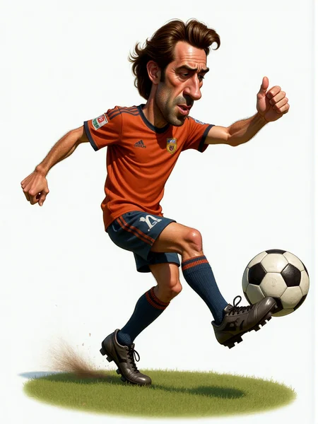 Full-body animated cartoon caricature of a soccer player mid-kick, body arched with dramatic energy. His left foot is firmly planted on the grass, knee slightly bent for balance, while his right leg is extended fully forward in a powerful kicking motion, toes pointed and cleats connecting solidly with the ball. Both arms are outstretched at opposite anglesâleft arm back for balance, right arm slightly bent and thrust forward. The ball, slightly squished from the impact, is shown on his foot, deformed by the hit with a slight spin blur. He's wearing a bright jersey tucked into shorts, high socks, and cleats, with a focused expression, clenched jaw, and narrowed eyes locked on the ball. <lora:3d_caricature_Strong:0.9>