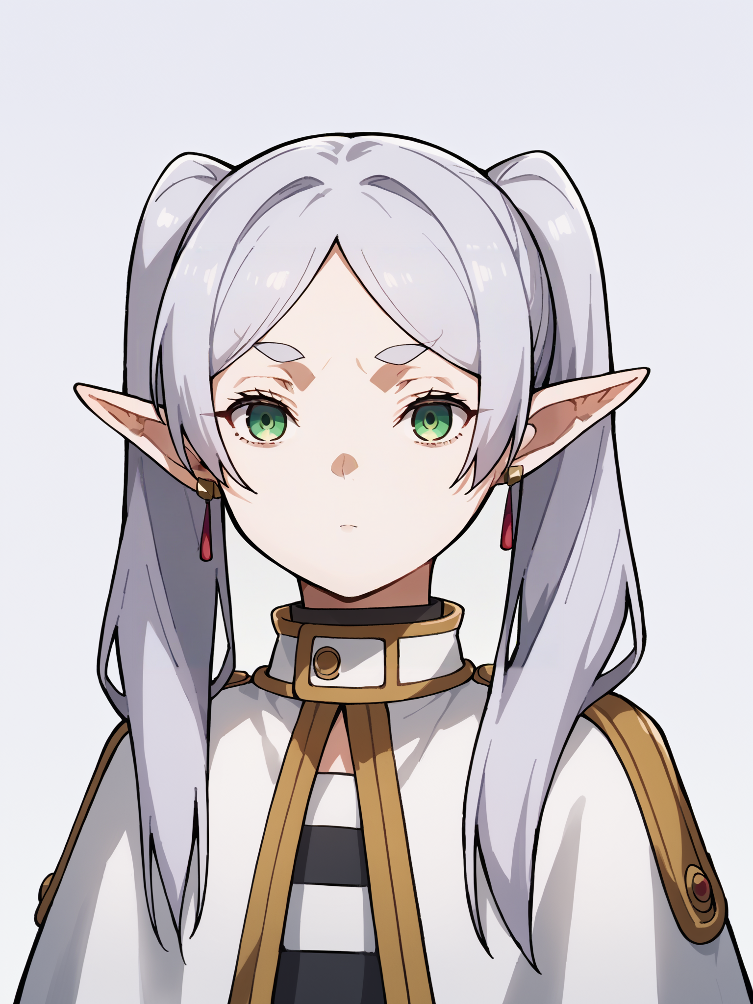 score_9, score_8_up, score_7_up, score_6_up, score_5_up, score_4_up, BREAK, source_cartoon, source_anime, 1girl, frieren, green eyes, grey hair, twintails, pointy ears, eyebrows, white capelet with long sleeves, earrings,
solo, expressionless, upper body, looking at viewer, simple background    <lora:FrierenXL:1>