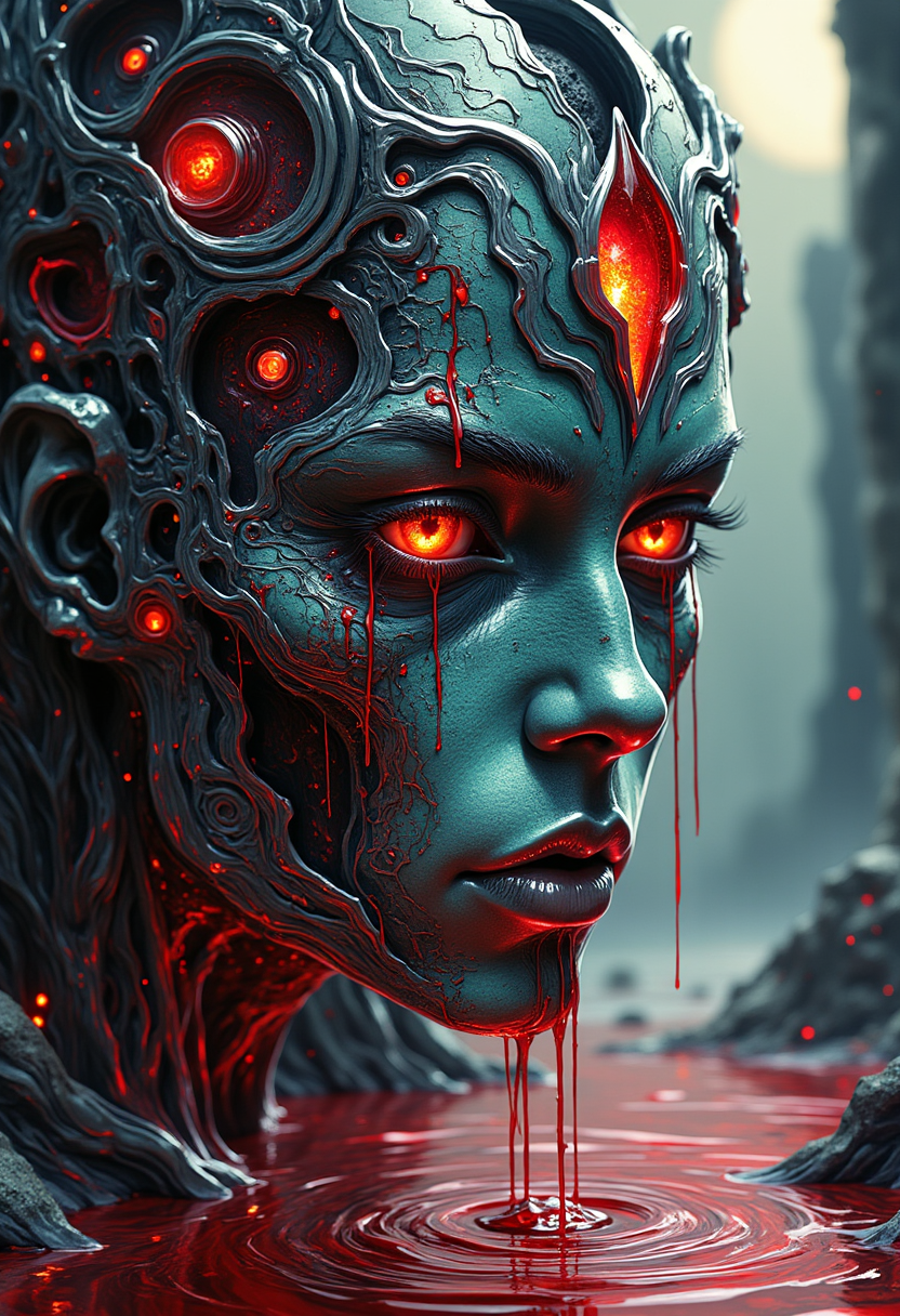 yfg-liqd, Full body lich, detailed face, shadows, full body,  TURQUOISE, blood red,  intense color, silver, chrome,  illuminated face, sunlight shining through gemstone of semi-precious stone, Kay Nielsen , water, reflections, transparency, arch, moon, volumetric lighting, prismatic effect, blood, viewed from the side.