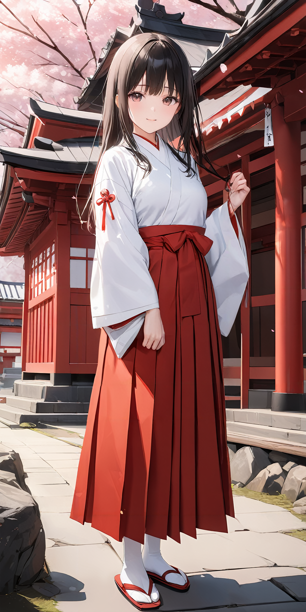 masterpiece,ultra-detailed,best quality,8K,illustration,cute face,clean skin ,shiny hair,
girl,simple background, full body,<lora:add-detail-xl:1>    <lora:miko_XL_V1.0:0.6> jyojifuku, miko,red hakama,temple,cherry blossom