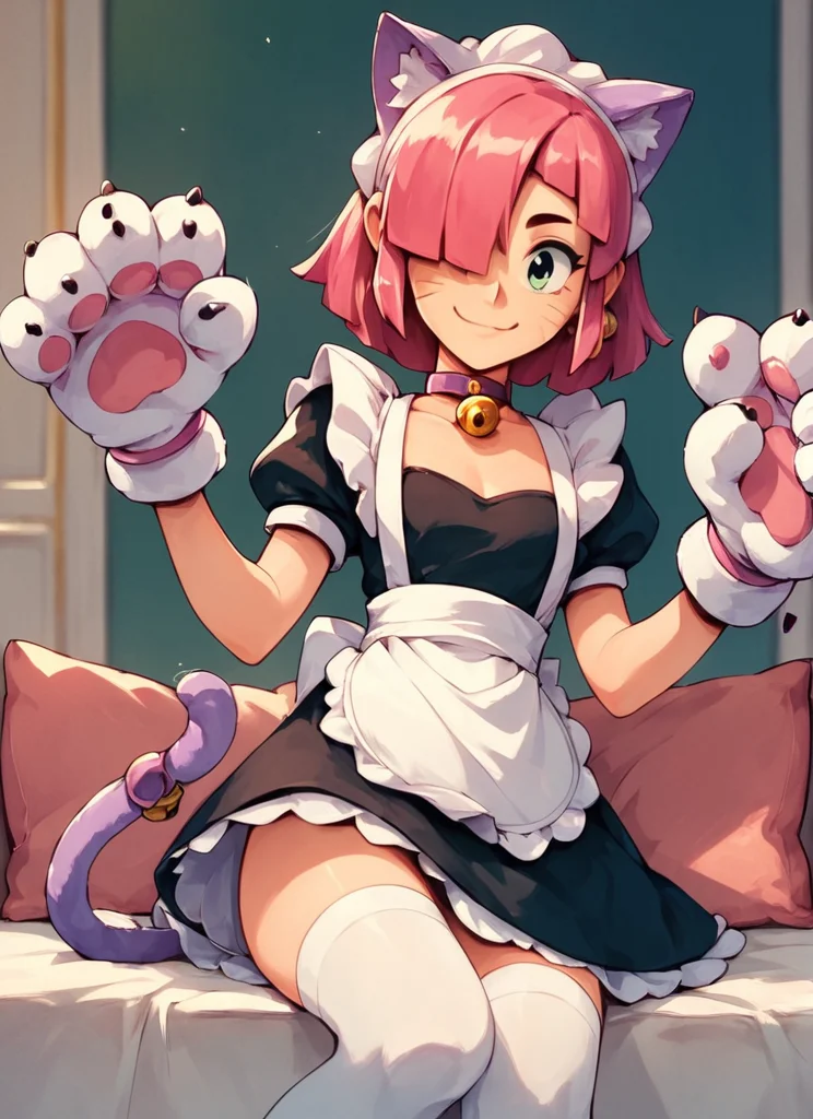 score_9, score_8_up, score_7_up  , <lora:pawlette:1> 1girl, human , pawlette ,animal ears, cat tail , pink hair,  hair over one eye, maid headdress,  bracelet  ,necklace,  neck bell,  maid,  short dress,  White Stockings , paw gloves ,solo    smile ,