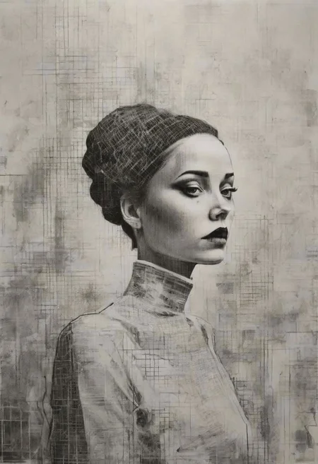 rough crosshatch drawing pop surrealism pop art Lunatic_Portrait of a girl in latex, slick back, low bun, black makeup, tj