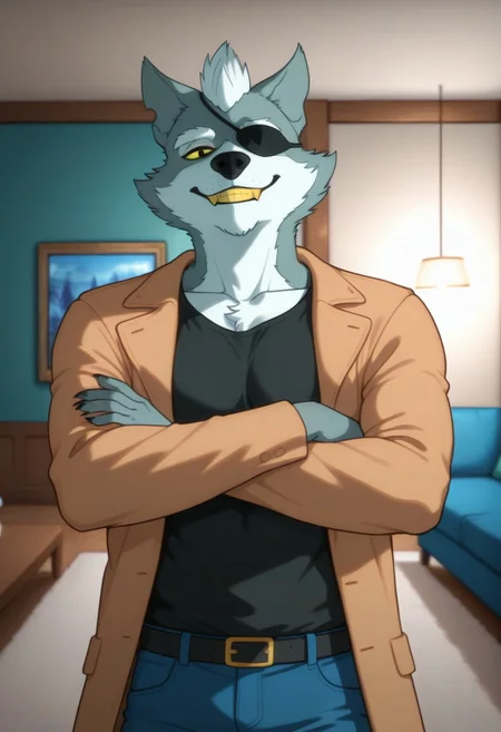 score_9_up, score_8_up, score_7_up, high quality, detailed, source_furry, male, solo male, 1boy, broad shoulders, mature male, black eyes, yellow sclera, colored sclera, athletic build, animal ears, wolf, scruffy, anthro, anthro male, gray fur, eyepatch on left eye, yellow teeth, grinning, smug, looking at viewer, arms crossed, bust shot, half-body shot, living room, indoors, black shirt, tan jacket, blue jeans