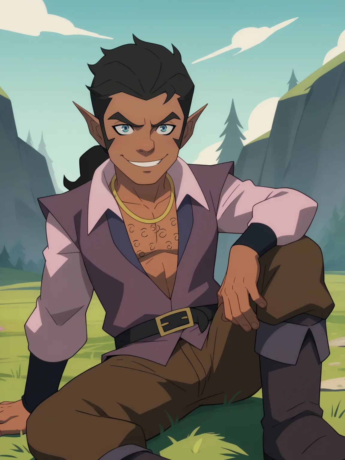 score_9, score_8_up, score_7_up, BREAK,
scanlan, 1boy, black hair, ponytail, blue eyes, dark skin, pointy ears,
necklace, open shirt, chest hair, brown pants, shirt,
belt, boots,
solo, smile, looking at viewer, outdoors, blue sky, grass <lora:ScanlanXL_byKonan:1>