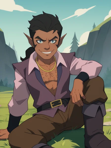 score_9, score_8_up, score_7_up, BREAK,
scanlan, 1boy, black hair, ponytail, blue eyes, dark skin, pointy ears,
necklace, open shirt, chest hair, brown pants, shirt,
belt, boots,
solo, smile, looking at viewer, outdoors, blue sky, grass <lora:ScanlanXL_byKonan:1>