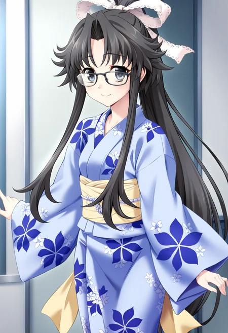 1girl, chisa\(memories off 6\), glasses, solo, floral print, ponytail, light blue kimono, yellow sash, white hairribbon, smile, black long hair, black eyes, standing, long sleeves, looking at viewer, sidelocks, masterpiece, best quality, very aesthetic, absurdres, <lora:chisa:1>