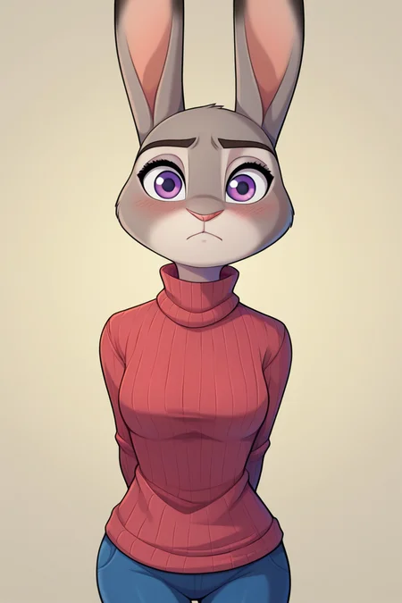 score_9, score_8_up, score_7_up, BREAK <lora:kadath-guy-PONYv1:1>, 1girl, solo, judy hopps, blush, looking at viewer, arms behind back, turtleneck sweater,