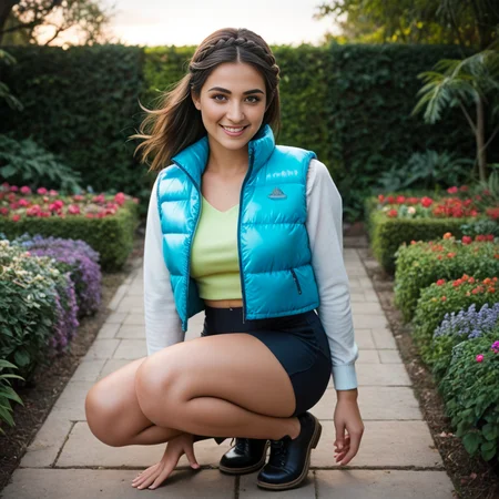score_9, score_8_up, score_7_up,  professional 40 year old squatting and smiling indian short women wearing (transparent  cropped_puffer_vest_neon jacket),Crown braid  unique hair style flowing wild in the wind, sexy, fully dressed, (shorts)  dramatic lighting, blushing, , after a long day of work,  at night, dark,garden scene
 <lora:pony_cropped_puffer_jacket:0.6>
