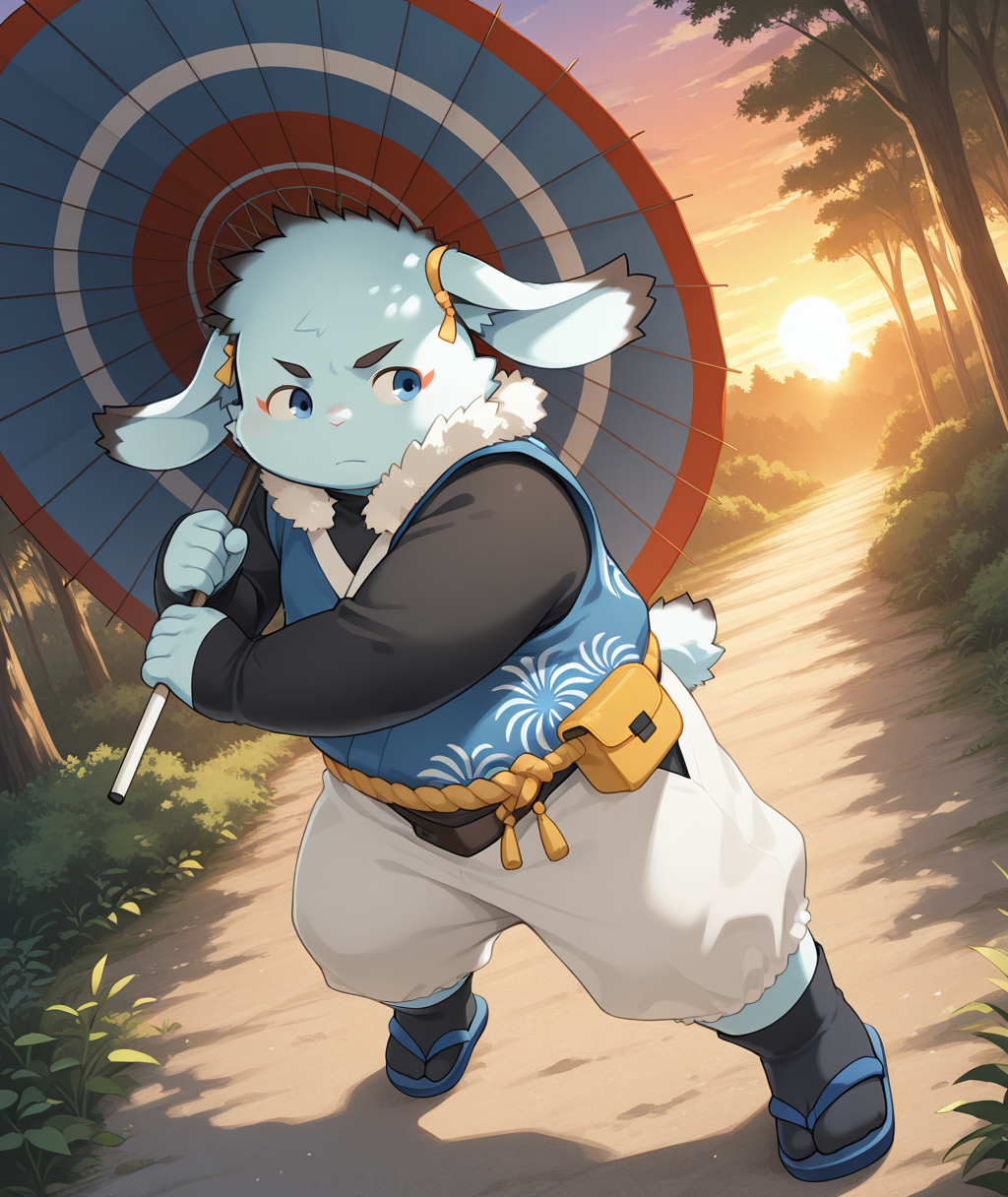 amazing quality, colorful, best quality, high quality, dynamic pose, dynamic angle, , high angle, looking away, attack, sunset, fighting stance, 
<lora:inaba-v5-000010:0.9> t-inaba, BREAK anthro rabbit, rabbit boy, 1boy, japanese clothes, fur_collar, black_bodysuit_under_clothes, sleeves_past_wrists, blue_sleeveless_kimono, ear_ribbon, shimenawa, white capri_pants, black_tabi, blue sandals, forest, serious, dappled sunlight, holding oil-paper umbrella, holding, young, furry, (aged_up:0.5), fanny pack, perspective, closed umbrella,
