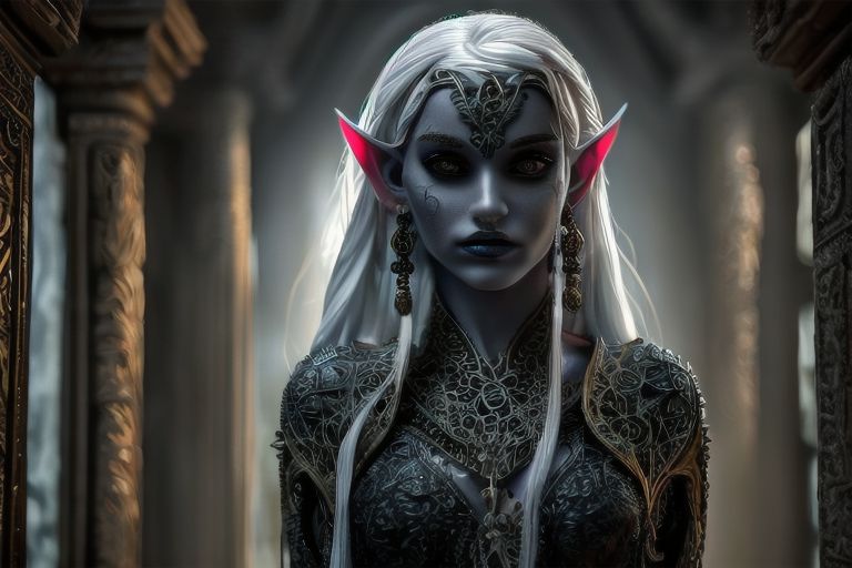 RAW photo, (masterpiece:1.3), subsurface scattering, heavy shadow, (high quality:1.4), (intricate, high detail:1.2), professional photography, HDR, High Dynamic Range, realistic, ultra realistic, photorealistic, high resolution, film photography, ambient lighting, atmospheric effects, <lora:detail_slider_v4:2>, OverallDetail, a beautiful female drow priestess, DarkElves, highly detailed face, wearing intricate robes, in a sinister temple of the dark god, in a drow city,  <lora:DarkElves-10:0.6>, <lora:Drow:1>, epiCPhoto,