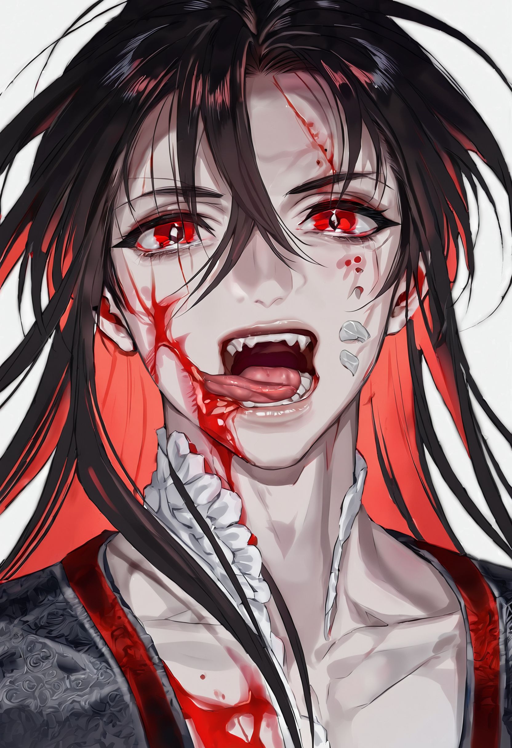 masterpiece, best quality,
 1011ta fashion  
1boy, black hair, solo, blood, red eyes, tongue, teeth, open mouth, long hair, blood on face, close-up,  <lora:foomXLlokr8f-000184:1>