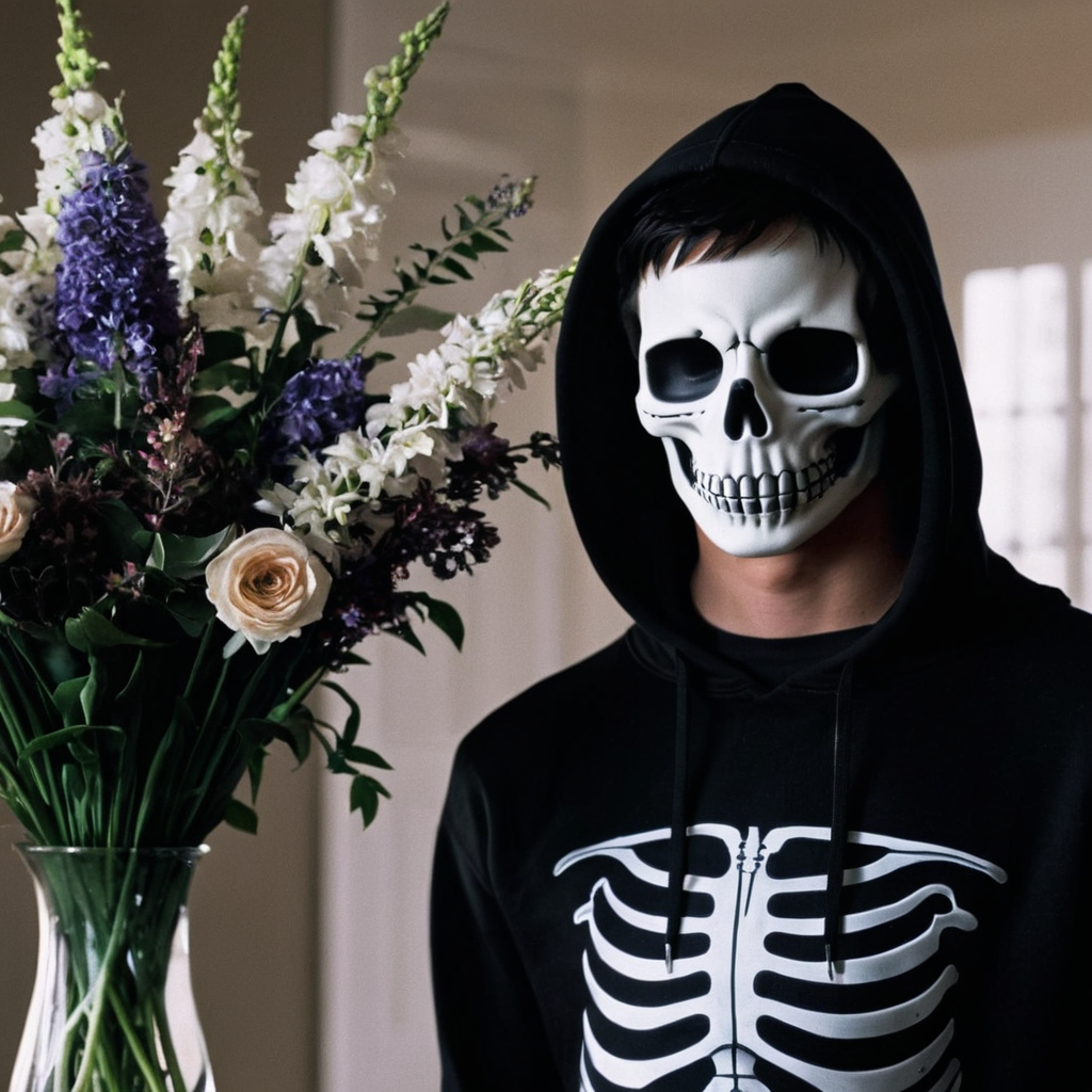 <lora:add-detail-xl:1>
<lora:detailed:0.3>
<lora:perfection style:0.3>
<lora:xl_more_art-full_v1:0.3>
 <lora:Donnie Darko film style:1>
Jake a man in a skeleton hoodie standing next to a vase of flowers,solo,black hair,1boy,upper body,male focus,hood,blurry,realistic,skeleton , cinematic, film, Donnie Darko film style