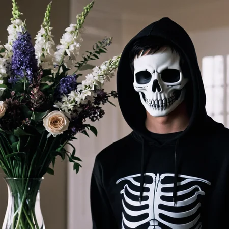 <lora:add-detail-xl:1>
<lora:detailed:0.3>
<lora:perfection style:0.3>
<lora:xl_more_art-full_v1:0.3>
<lora:Donnie Darko film style:1>
Jake a man in a skeleton hoodie standing next to a vase of flowers,solo,black hair,1boy,upper body,male focus,hood,blurry,realistic,skeleton , cinematic, film, Donnie Darko film style
