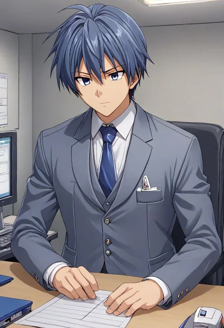 high resolution, solo, best quality, 1Boy, Tomoya Okazaki, Grey Blue Hair, suit, worklife, workspace, OverallDetail