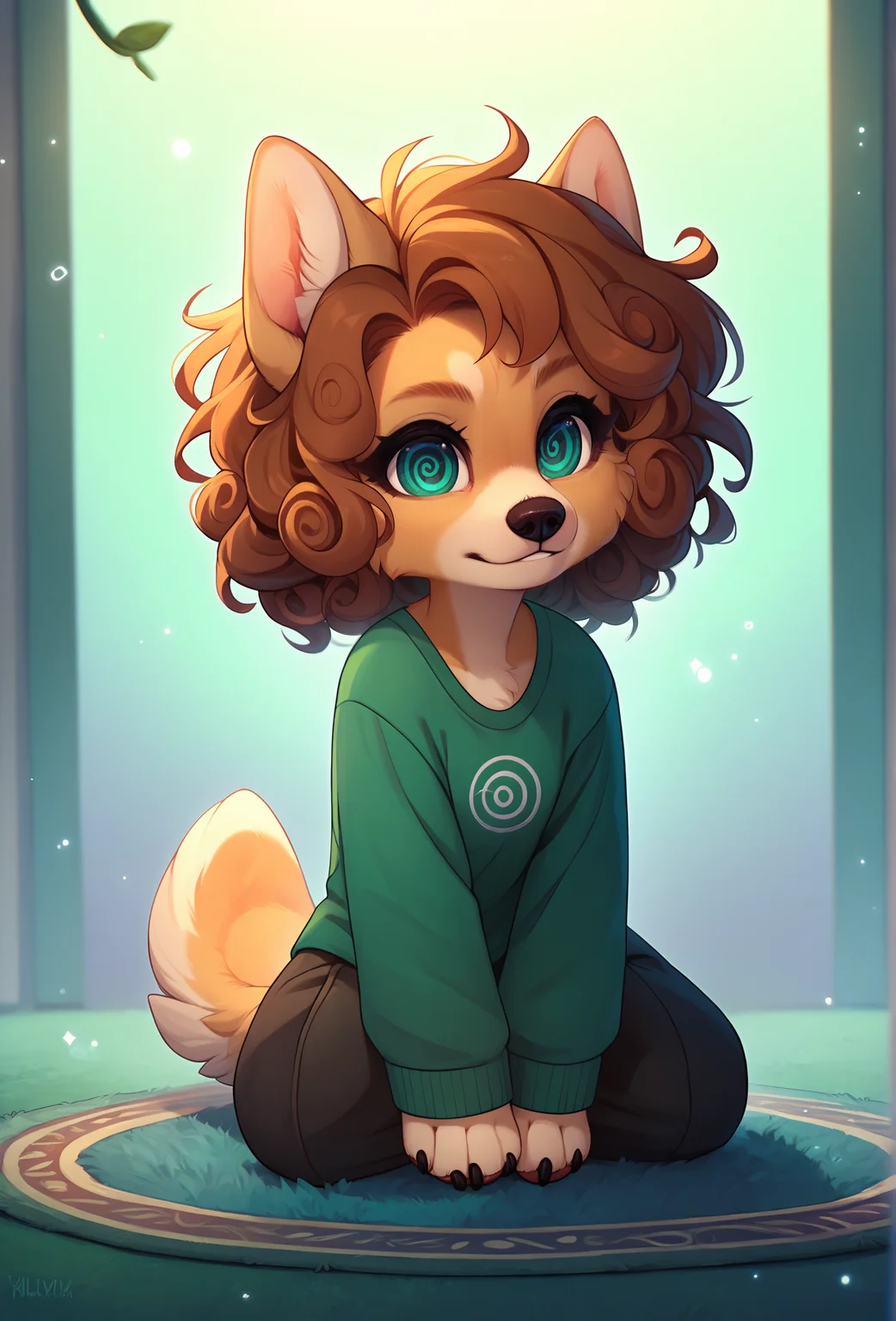 score_9, score_8_up, score_7_up, score_6_up, score_5_up, score_4_up, <lora:fluffkevlar_style_ponyXL_v1:1.0>, rating_safe,
1girl, furry, solo, welsh corgi, medium hair, curly hair, spiral eyes, shirt, sleeves past wrists, carpet