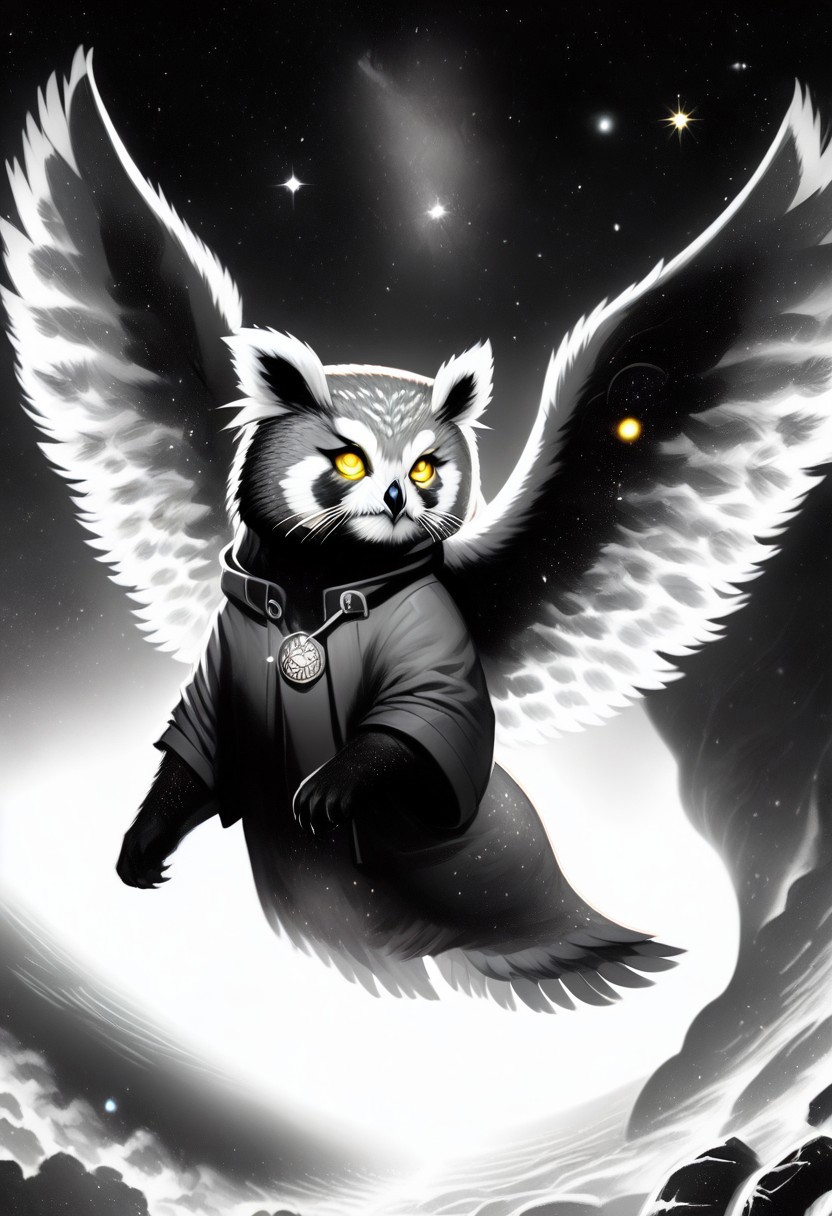 Score_9, Score_8_up, Score_7_up, lora:Navi_Celestial_Skin_PonyXL:1.1 nv-celestialskin, redpandafolk, rabbitfolk, owlfolk, foxfolk, sketch, monochrome, greyscale, YR_GradLight, 0u73r5p4c3, space, planet, nebula, galaxy, asteroid, GalaxyTelepurteSDXL, StarrySkies, scenery, stars (sky), background, night sky, vibrant colored skin, void cosmic body, deep black skin, ethereal silhouette, nebula patterns, animal theme focus, majestic owl