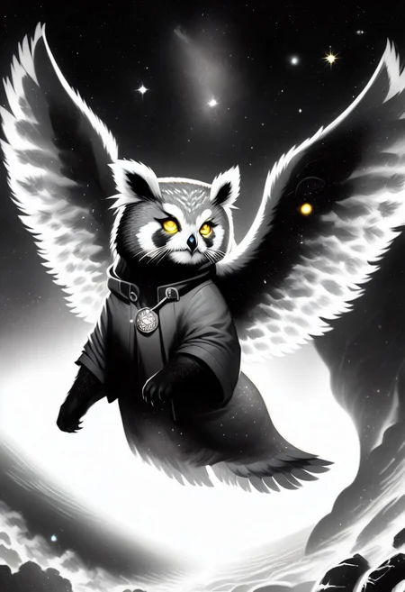 Score_9, Score_8_up, Score_7_up, lora:Navi_Celestial_Skin_PonyXL:1.1 nv-celestialskin, redpandafolk, rabbitfolk, owlfolk, foxfolk, sketch, monochrome, greyscale, YR_GradLight, 0u73r5p4c3, space, planet, nebula, galaxy, asteroid, GalaxyTelepurteSDXL, StarrySkies, scenery, stars (sky), background, night sky, vibrant colored skin, void cosmic body, deep black skin, ethereal silhouette, nebula patterns, animal theme focus, majestic owl