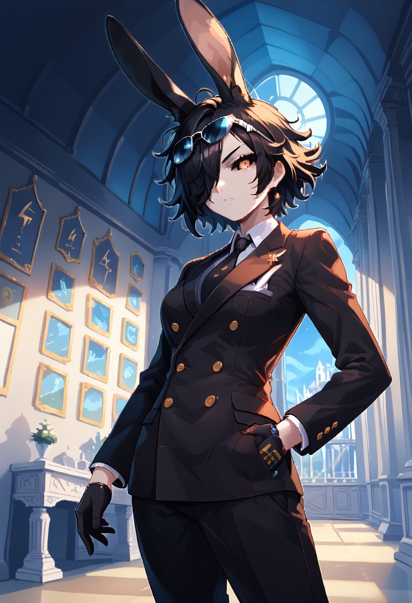score_9, score_8_up, score_7_up,itzah,
BREAK,rabbit girl,dark sclera,flat breasts,mature woman,serious expression,short black hair,hair over eye,messy hair,(black ears,long fluffy rabbit ears:1.3),pale skin,orange eyes,adjusting gloves,rectangular sunshades in hand,(double-breasted suits,black suit),elegant clothes,pocket watch,front angle,mansion scenery,indoors,hallway,imposing vibes,night time,dynamic lightning