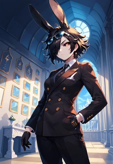 score_9, score_8_up, score_7_up,itzah,
BREAK,rabbit girl,dark sclera,flat breasts,mature woman,serious expression,short black hair,hair over eye,messy hair,(black ears,long fluffy rabbit ears:1.3),pale skin,orange eyes,adjusting gloves,rectangular sunshades in hand,(double-breasted suits,black suit),elegant clothes,pocket watch,front angle,mansion scenery,indoors,hallway,imposing vibes,night time,dynamic lightning