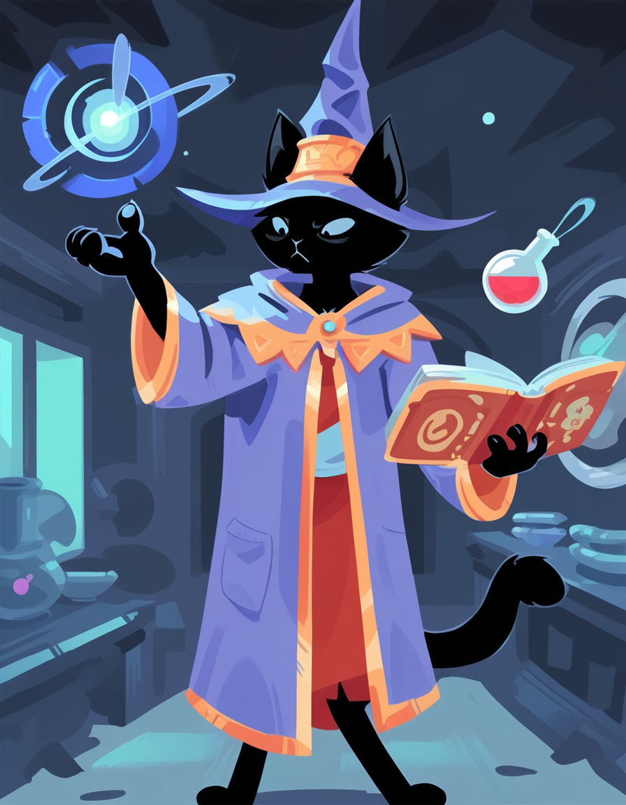 domestic cat, black fur, wizard hat, wizard robe, lab, tube, flask, casting spell, magic user, holding book,