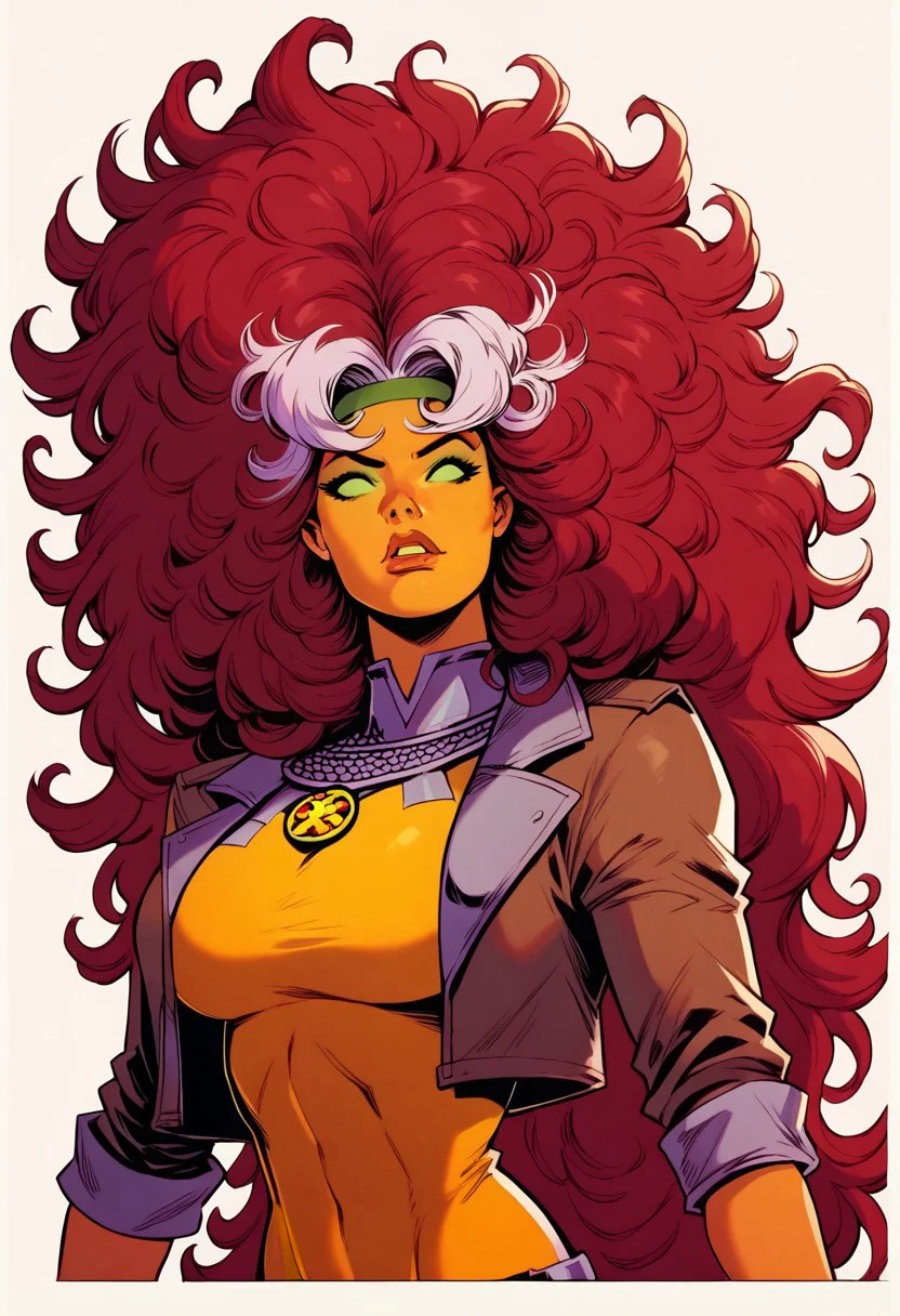 score_9, score_8_up, score_7_up, 1girl, solo, StarfireDG, DEFRogue, orange skin, green eyes, no pupils, lipstick, red hair, two-tone hair, long hair, white bangs, dyed bangs, messy hair, headband, big breasts, cropped jacket, brown jacket, yellow bodysuit, long bodysuit, yellow gloves, belt, yellow boots, full clothed, smug, full body,