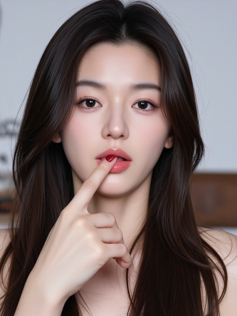 There are wonderful studio lights and various reflections,
18yo beautiful cute girl with blushing and female orgasm.skin naturally showing the texture of blood vessels and detailed pale skin,
--,snow,
<lora:Gianna_Jun_f1a:1>,she is Gianna Jun,a beautiful korean actress., --,A striking portrait of a supercute Asian model with stunning features, giving a bold and confident expression. Her long, glossy black hair cascades in soft waves around her face, highlighting her flawless, glowing skin. She has bright, expressive eyes framed by long lashes, and her lips are full and slightly parted, emphasizing her natural beauty. The model is holding her finger up to her lips in a playful yet defiant gesture, with her manicured nails painted a vibrant red. The lighting is bright and clean, casting a soft glow on her face, enhancing her delicate features. The overall mood is both daring and elegant, blending a sense of beauty with an edgy attitudeï¼A soft erotic atmosphere, the light evokes sexual desire.