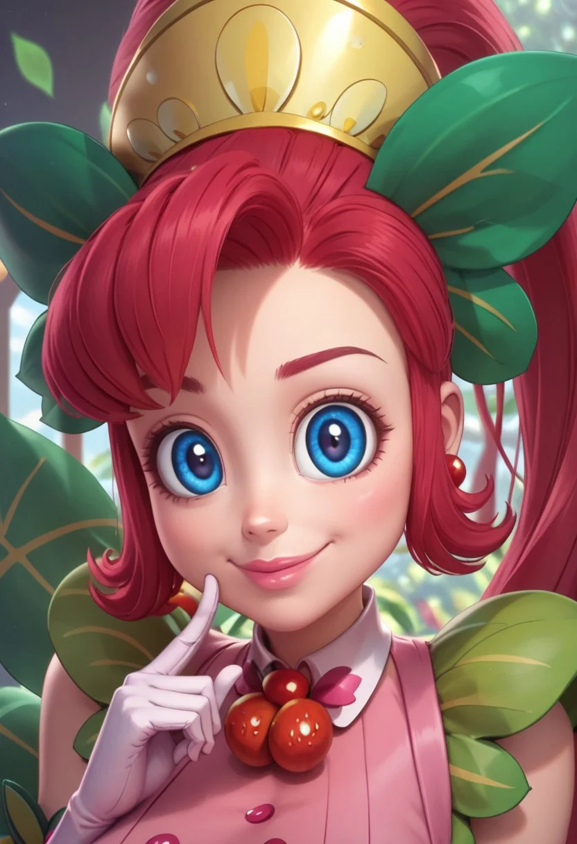 ((candyland background)),score_9, score_8_up, score_7_up,score_6_up,
1girl, Solo, SugarPang_HI, beige skin, blue eyes, raspberry hair, raspberry eyebrows, pink lips, very long hair, high curved ponytail, red metallic earrings, lemon tiara with leafs, white collar, metallic orange spheres necklace, white belt with a strawberry symbol, pink and hot pink top with buttons and stripes, sleeves fruit leafs, long white gloves, pink petal skirt, long white pantyhose, dark pink heels with leafs, huge breasts, smirk, narrow waist, huge hips,huge thighs, huge ass, big eyes, cute face, medium stature, standing