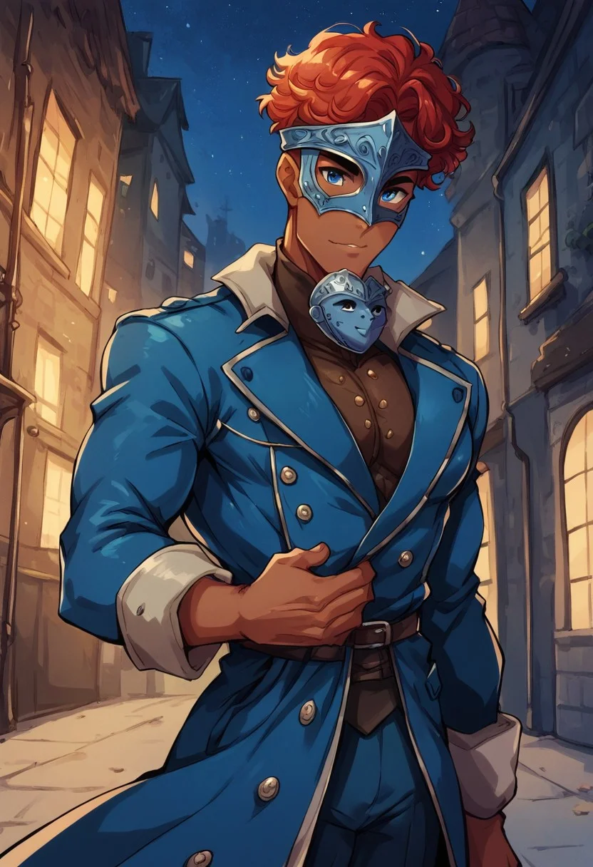 8k, score_9, score_8_up, score_7_up, male focus, 1boy, solo, cowboy shot,
(((dark_skinned))), half-elf, blue eyes,late twenties, red hair,
handsome man, mature male, athletic build, toned, broad shoulders, narrow waist, pectorals, pecs,
(((dark blue trench coat))), rapier, helmet, mask, (((helmet mask,)))
night, medieval city,
