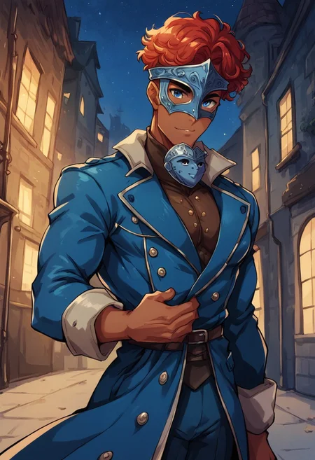 8k, score_9, score_8_up, score_7_up, male focus, 1boy, solo, cowboy shot,
(((dark_skinned))), half-elf, blue eyes,late twenties, red hair,
handsome man, mature male, athletic build, toned, broad shoulders, narrow waist, pectorals, pecs,
(((dark blue trench coat))), rapier, helmet, mask, (((helmet mask,)))
night, medieval city,