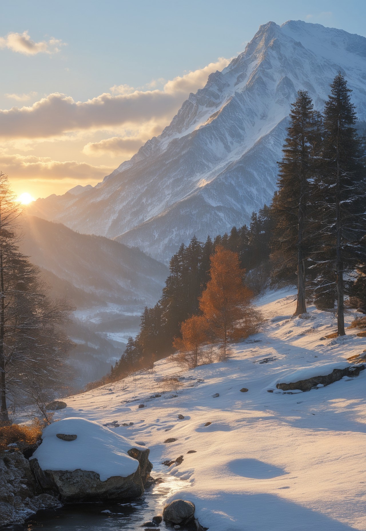 (ruins, broken, snow, dappled sunlight:1.2), sun, tree, forest, scenery, rock, reflection, ancient, overgrown, mountains, sunset, clouds, mountainous horizon, fantasy, medieval, 1other, looking away (masterpiece, exceptional, best aesthetic, best quality, masterpiece, extremely detailed:1.2), in the style of umempart
 (8k uhd:1,4)
 <lora:add-detail-xl:1>
 <lora:Dynamic Poses:1>