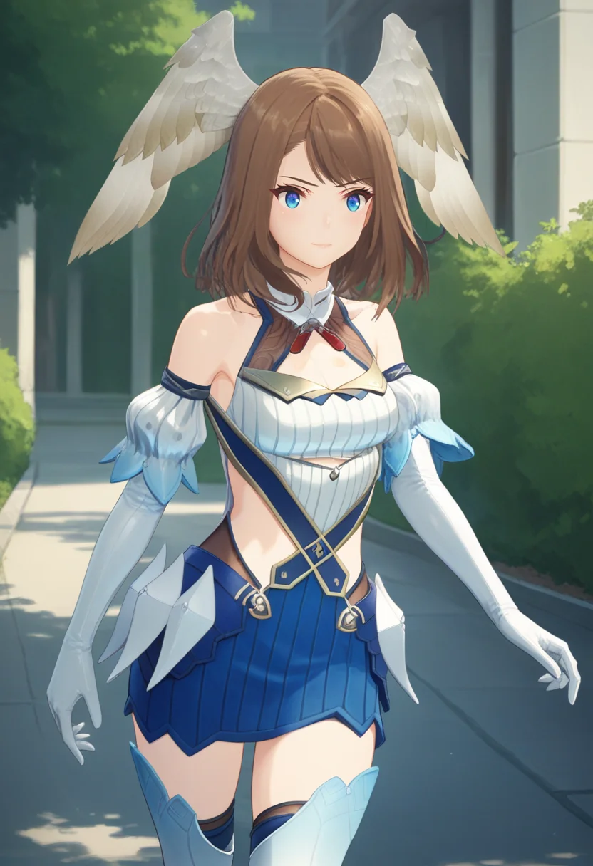 score_9, score_8_up, score_7_up, 1girl, solo, cowboy shot, walking, cosplay, thigh boots, suspender skirt, ribbed shirt, elbow gloves, eunie, blue eyes, medium hair, head wings, outdoors<lora:eunie xl 065:1>