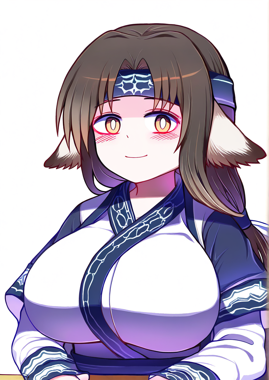 <lora:Plu5339:1>,1girl, eruruu, huge breasts, ainu clothes, animal ears, blush, closed mouth, dog ears, layered sleeves, long hair, long sleeves, looking at viewer, open mouth, ponytail, smile, solo,