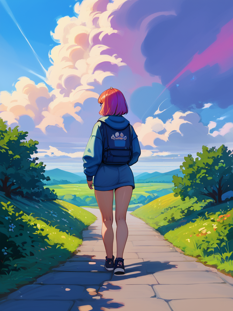 PDXL, <lora:KajpoV1:1>, k4jp0, volumetric reflections, volumetric shadows, HDR, shot on Canon DSLR,
1girl, standing on a road, colorful tornado in the distance,  night sky, blue, viewed from behind