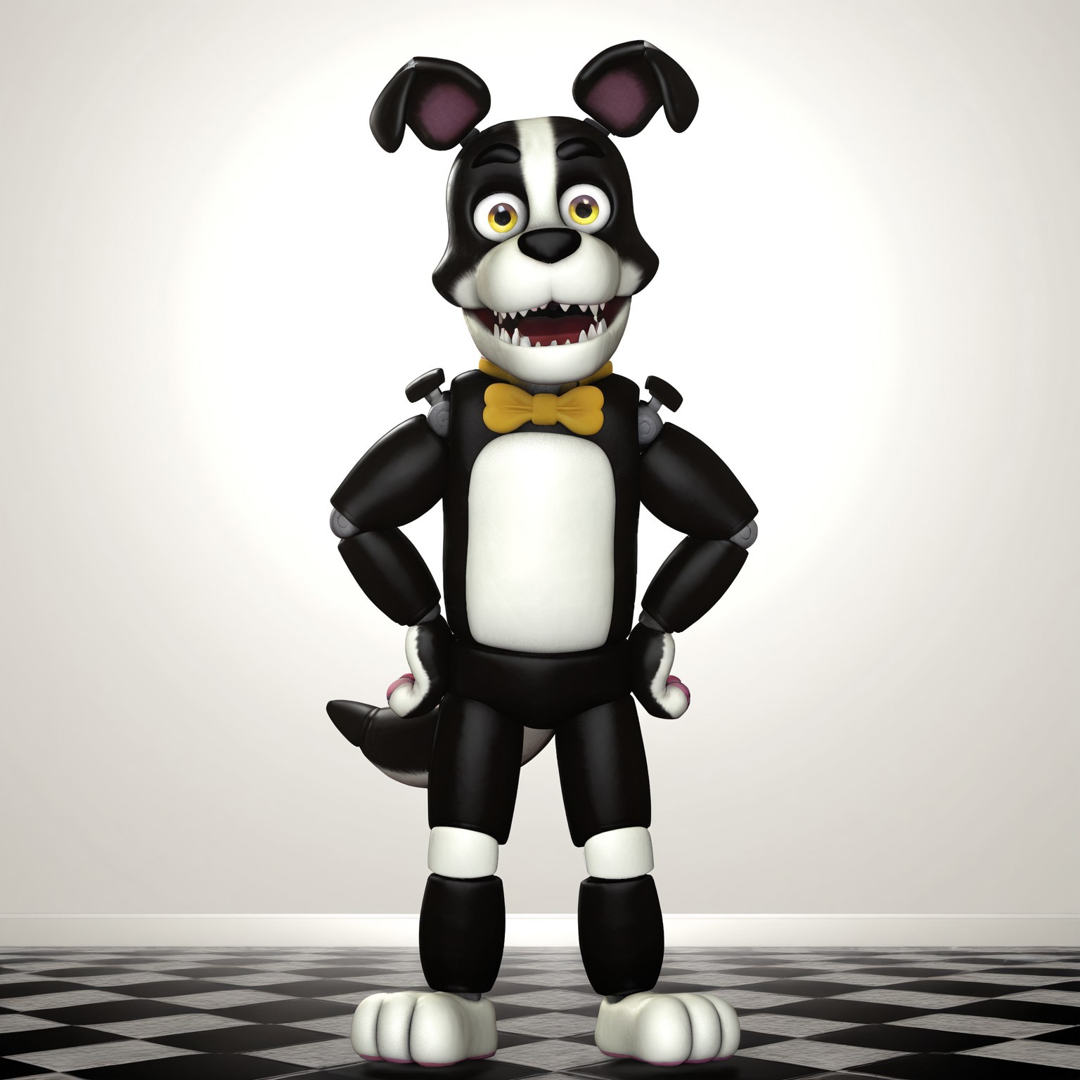 2d, solo, Dougthedog, animatronic, humanoid robot, black and white body, two-tone body, white feet, pink pawpads, dog ears, animal ears, canine, joints, yellow bowtie, black nose, yellow eyes, mechanical dog tail, sharp teeth

BREAK full body, hands on hips, looking at viewer, happy, standing

BREAK best quality, amazing quality, very aesthetic, absurdres, newest